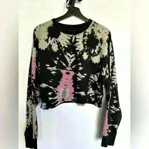 Noli Black Pink Tie Dye Cropped Crew Neck Sweatshirt Large